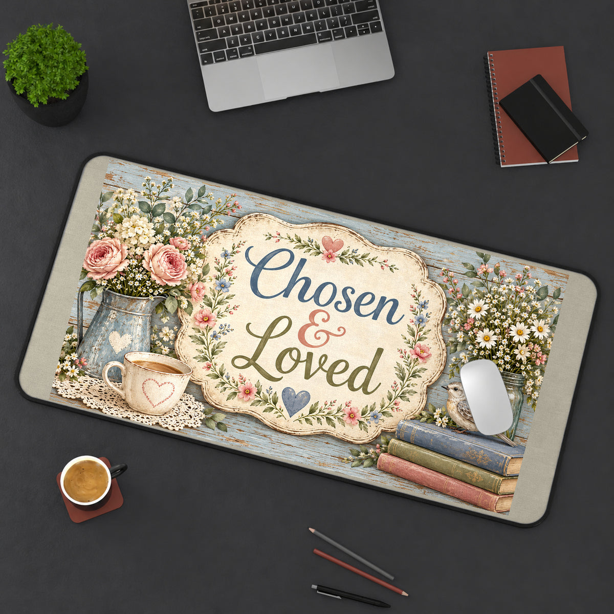 Chosen and Loved Floral Still Life desk mat — product mockup 3