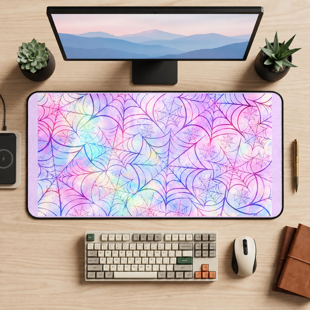 Pastel Rainbow Spiderwebs desk mat — product mockup 2