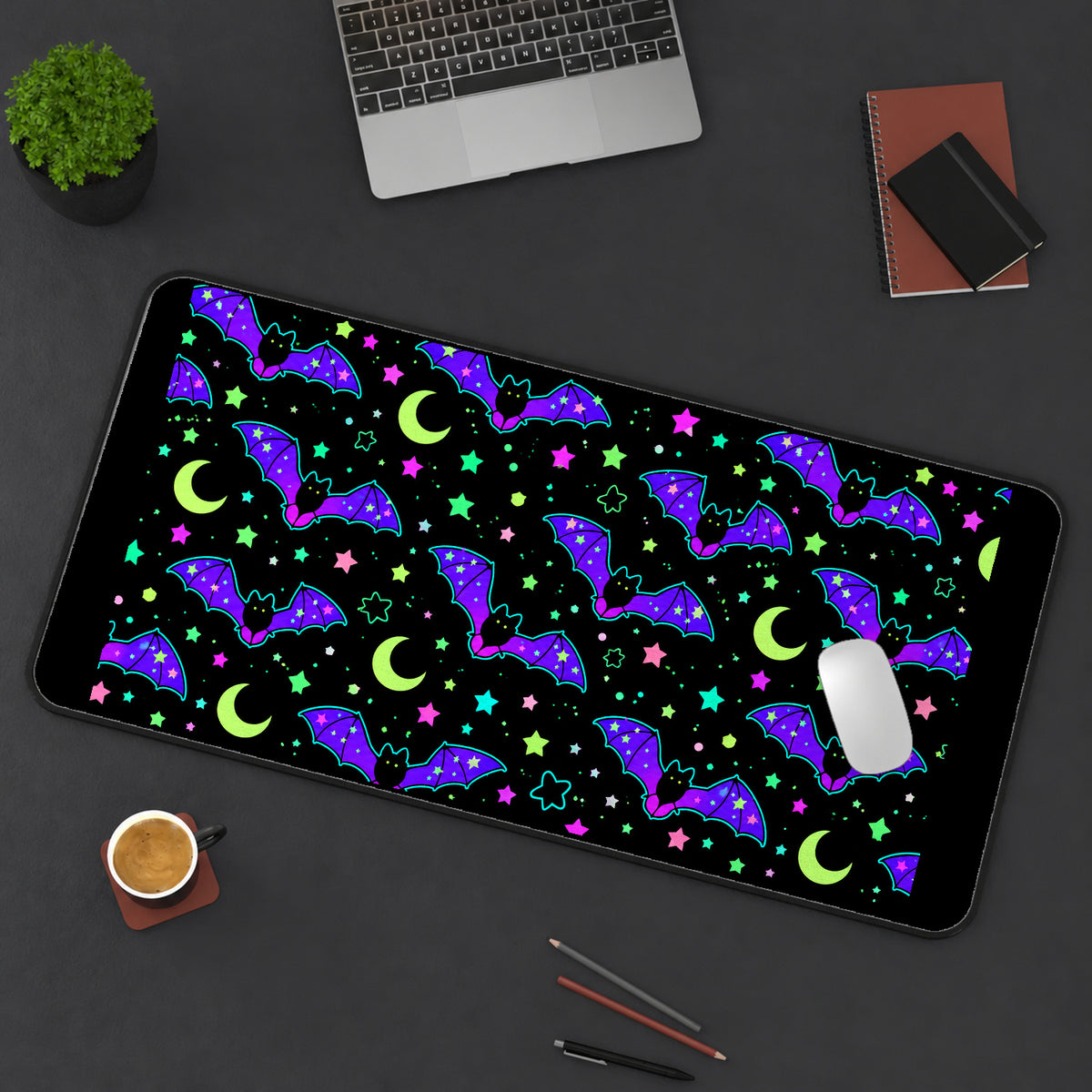 Purple Bats and Green Moons desk mat — product mockup 3
