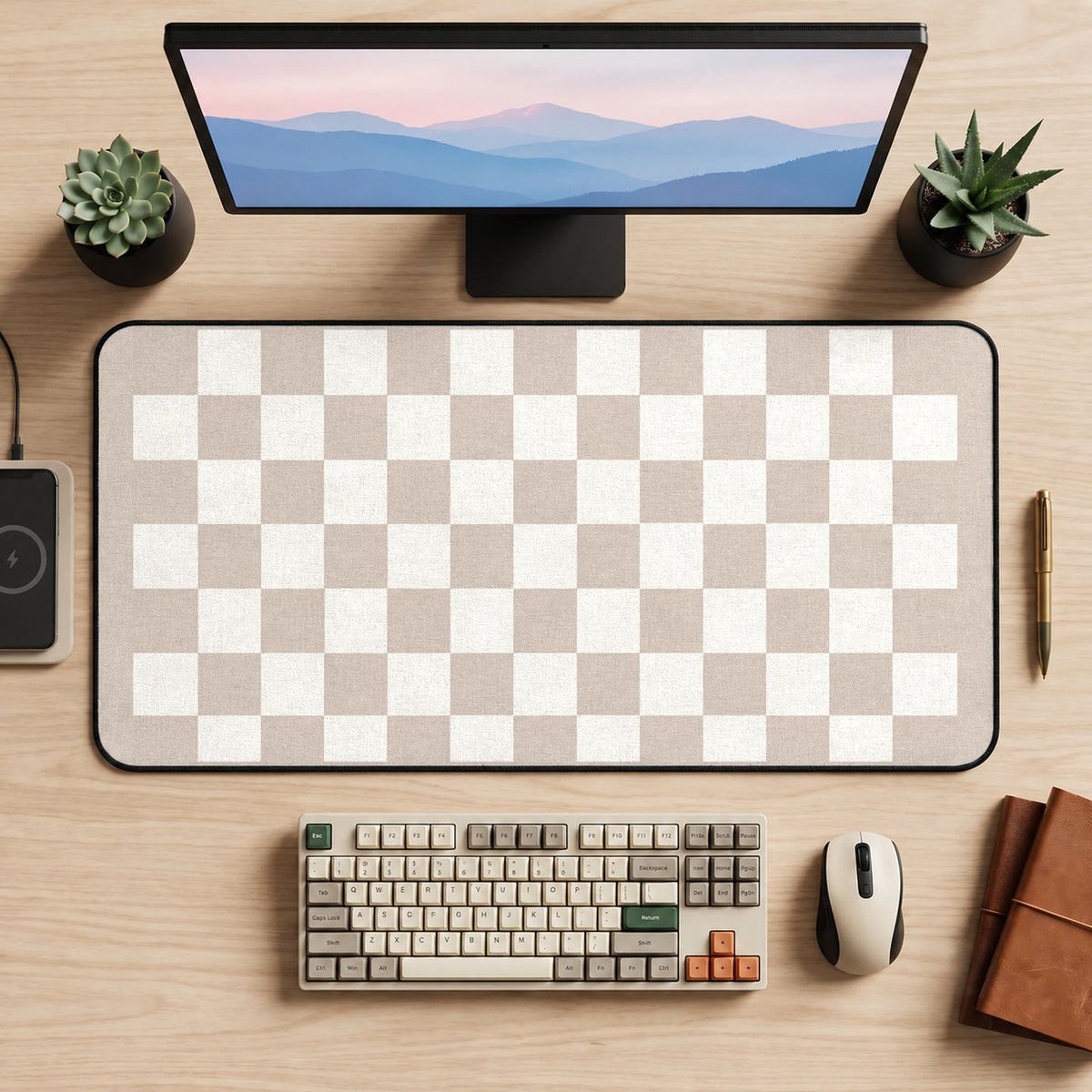 Warm Neutral Checkerboard desk mat — product mockup 2