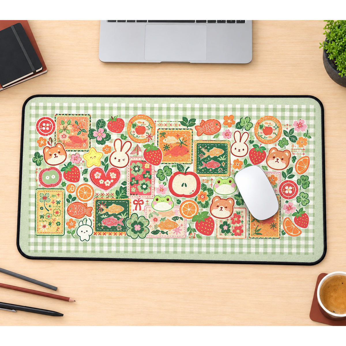 Retro Bunny Fruit Sticker Collage desk mat — product mockup 1