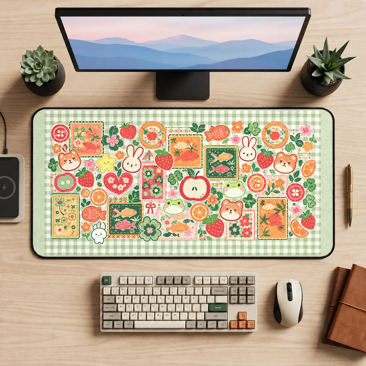 Retro Bunny Fruit Sticker Collage desk mat — product mockup 2