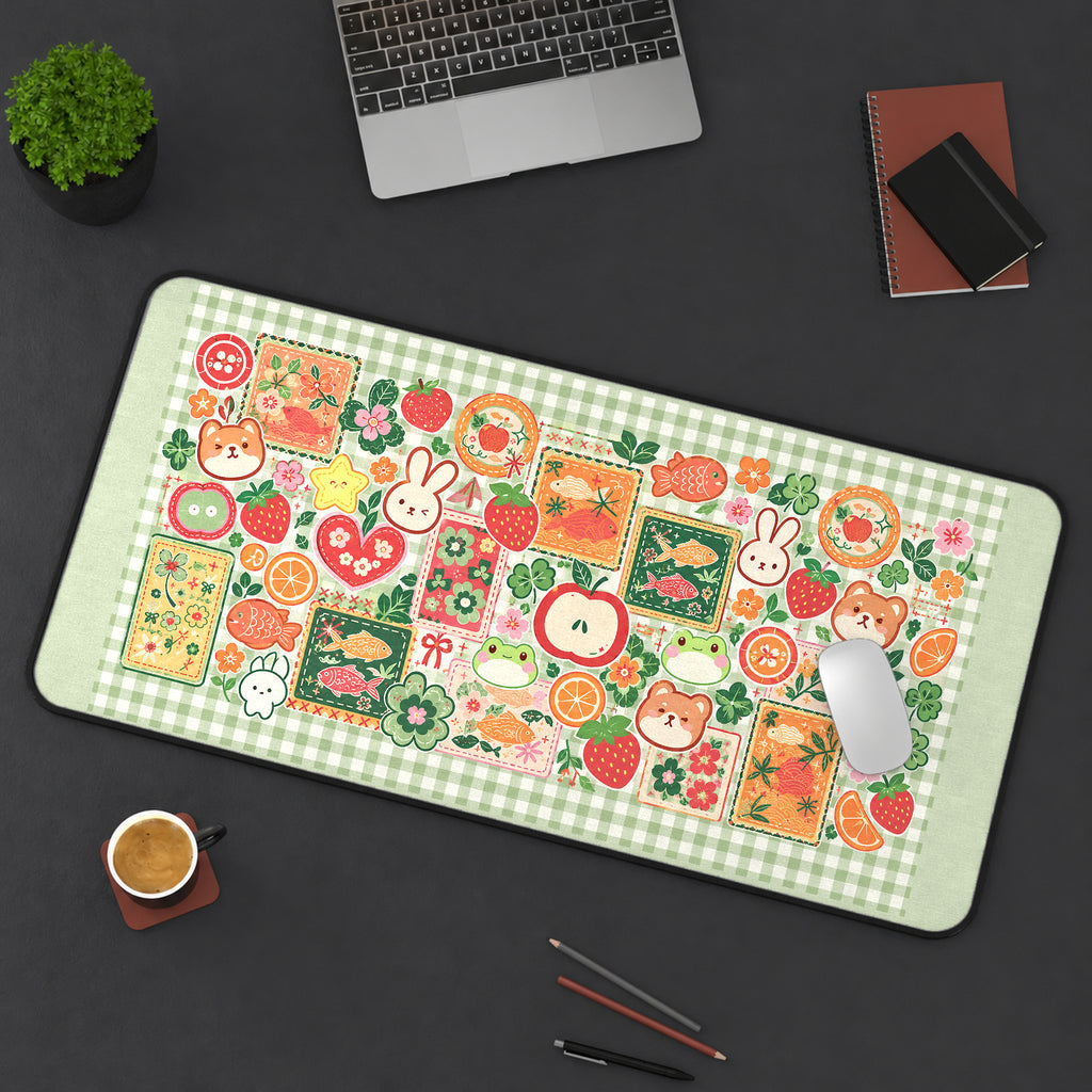 Retro Bunny Fruit Sticker Collage desk mat — product mockup 3