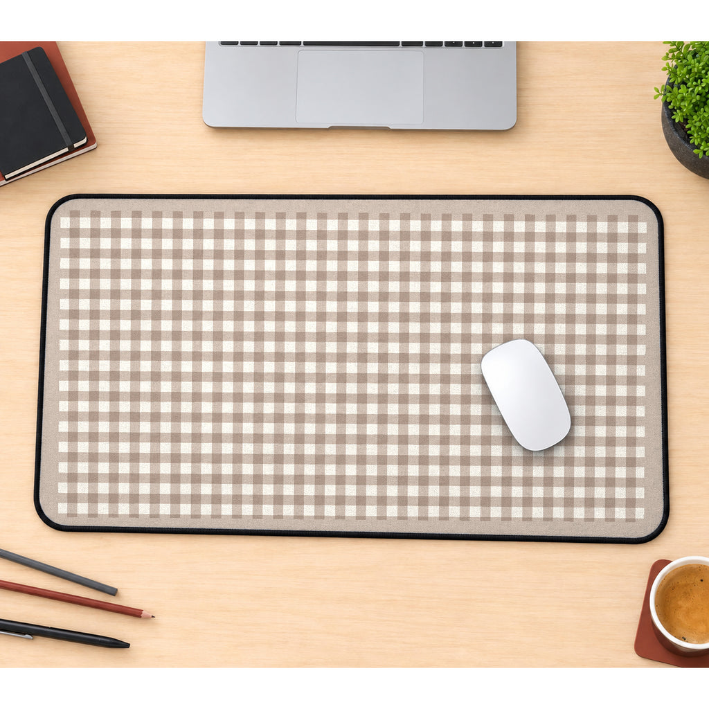 Taupe Cottage Gingham desk mat — product mockup 1
