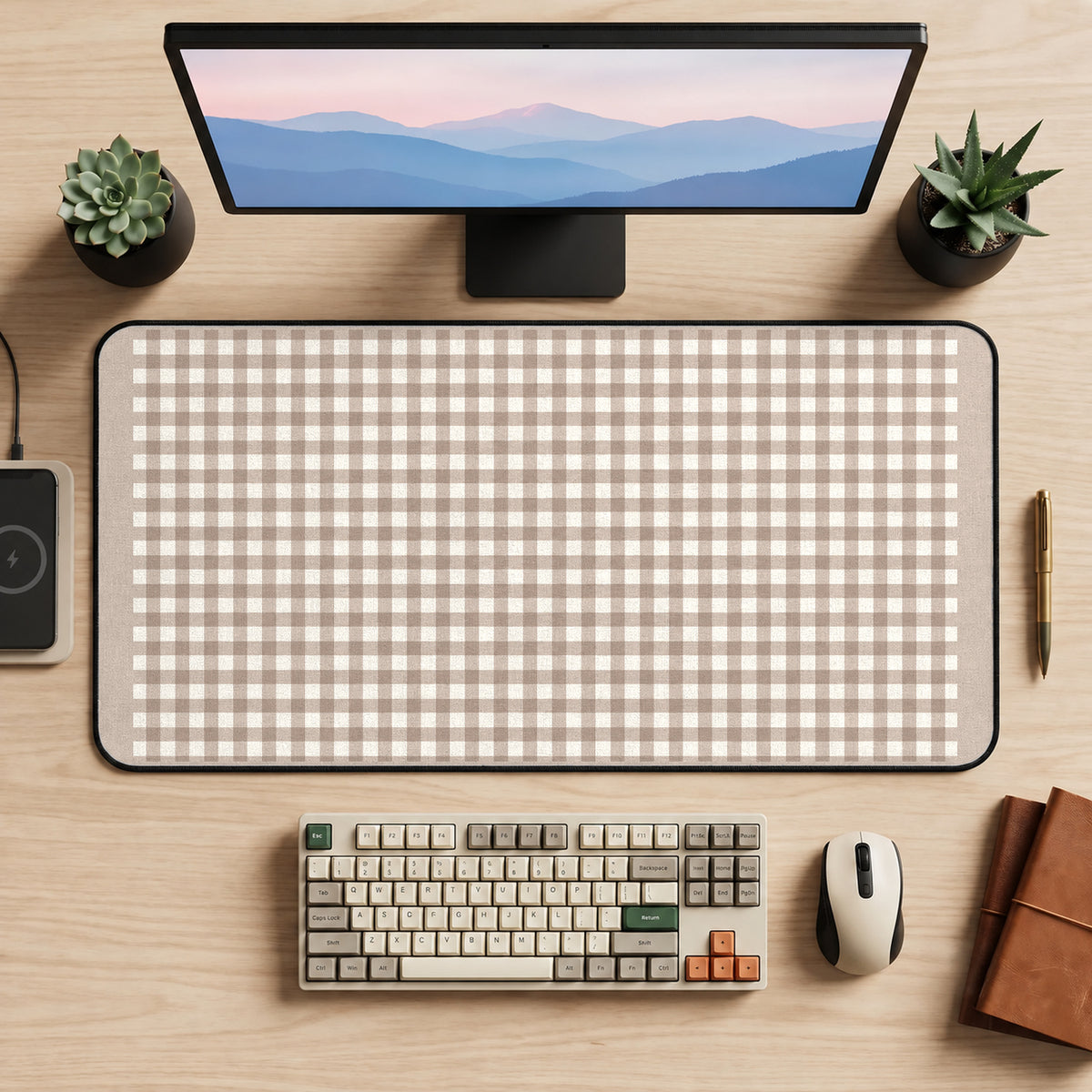 Taupe Cottage Gingham desk mat — product mockup 2