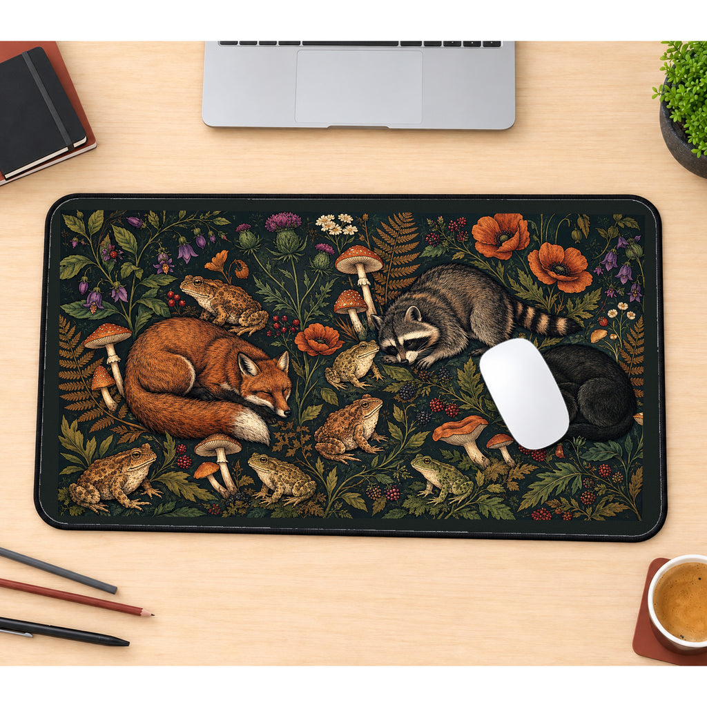 Sleeping Woodland Animals and Flowers desk mat — product mockup 1