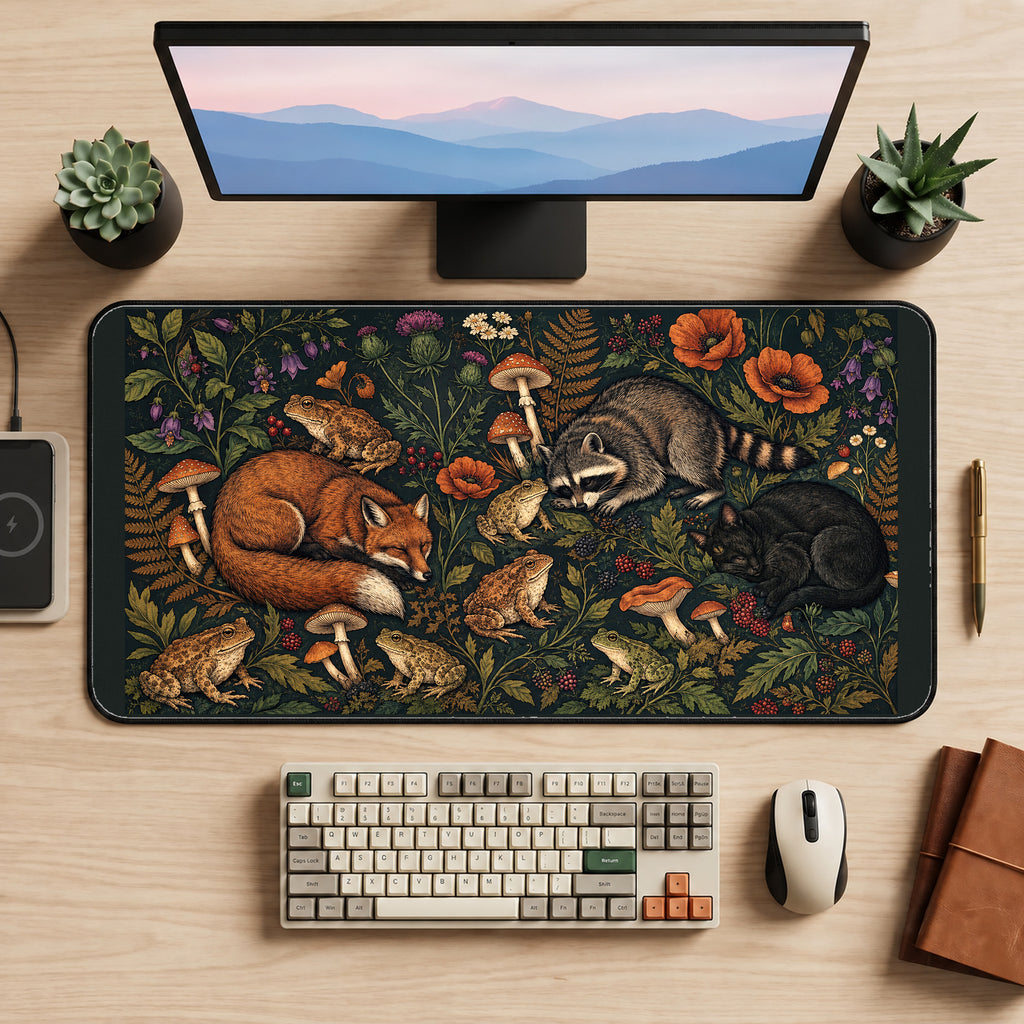 Sleeping Woodland Animals and Flowers desk mat — product mockup 2
