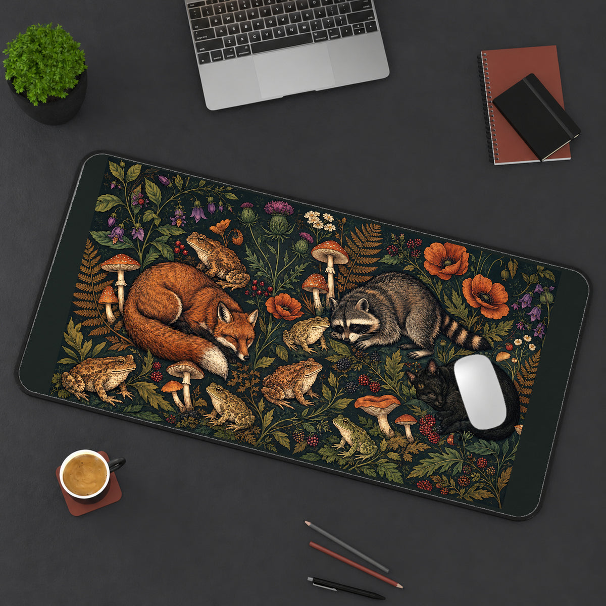 Sleeping Woodland Animals and Flowers desk mat — product mockup 3