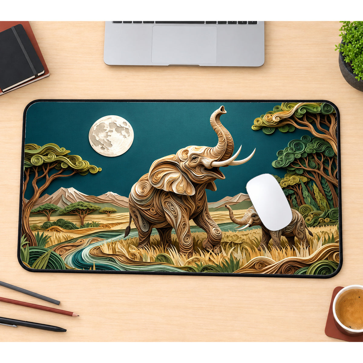 Elephants Beneath the Moon Desk Mat — product mockup 1