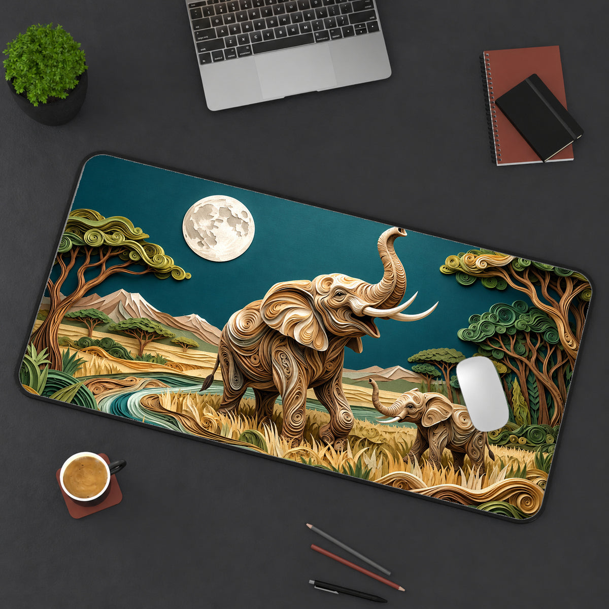 Elephants Beneath the Moon Desk Mat — product mockup 3