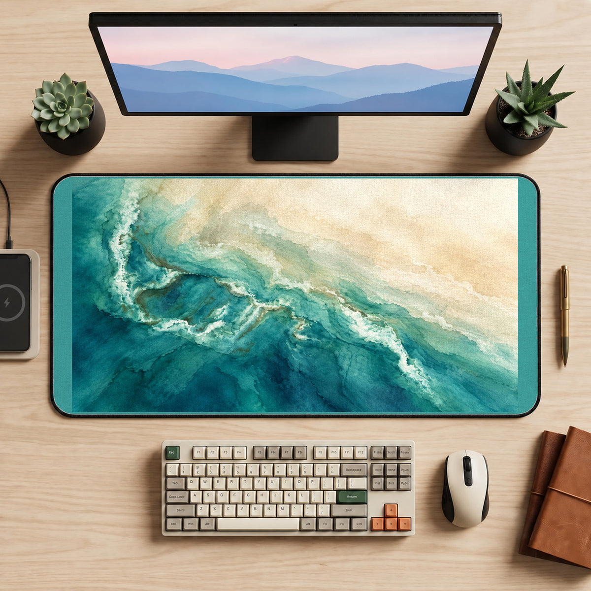 Teal Watercolor Coastal Edge desk mat — product mockup 2
