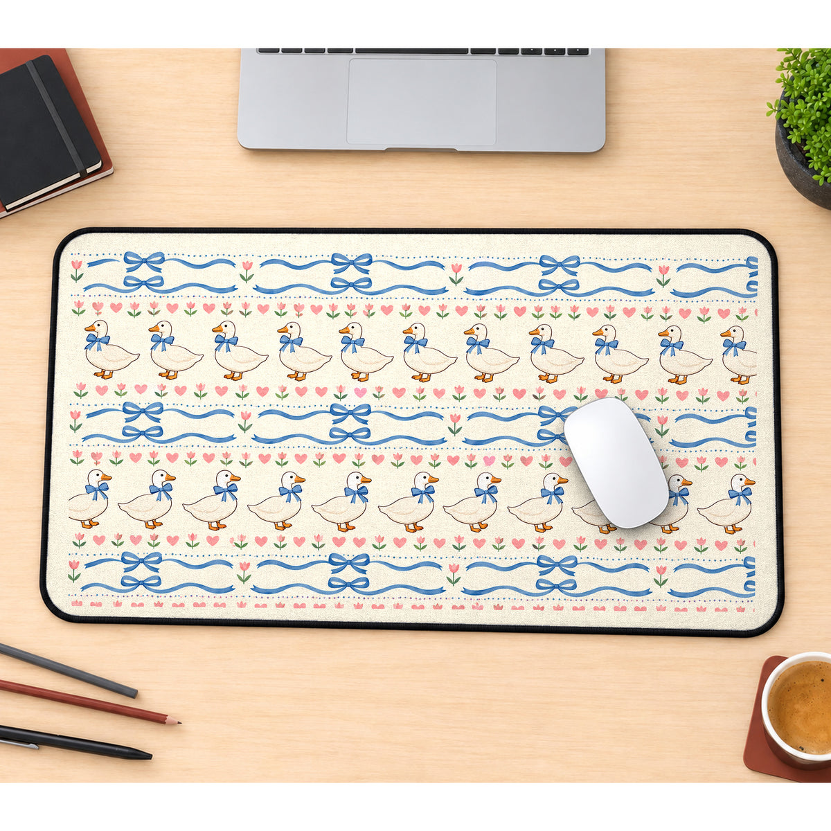 Blue Bow Goose Stripe Pattern desk mat — product mockup 1