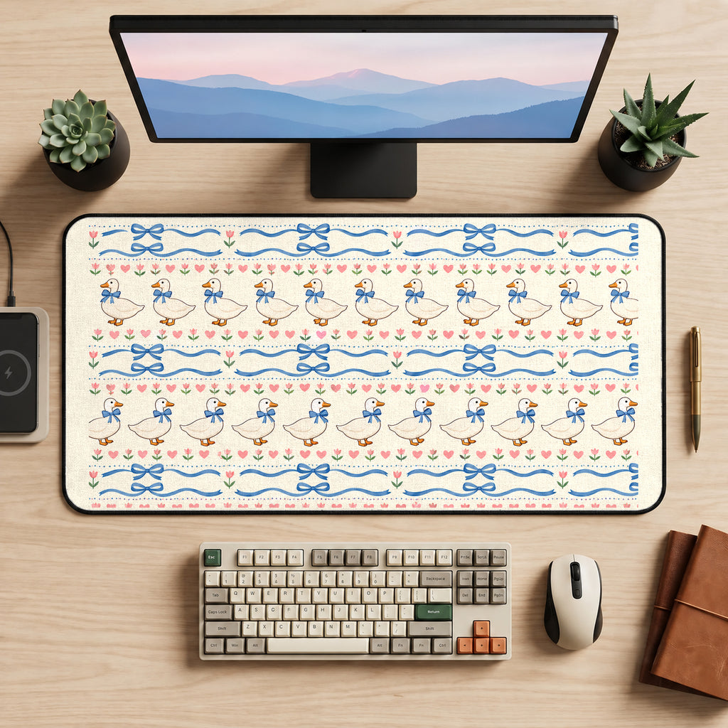 Blue Bow Goose Stripe Pattern desk mat — product mockup 2