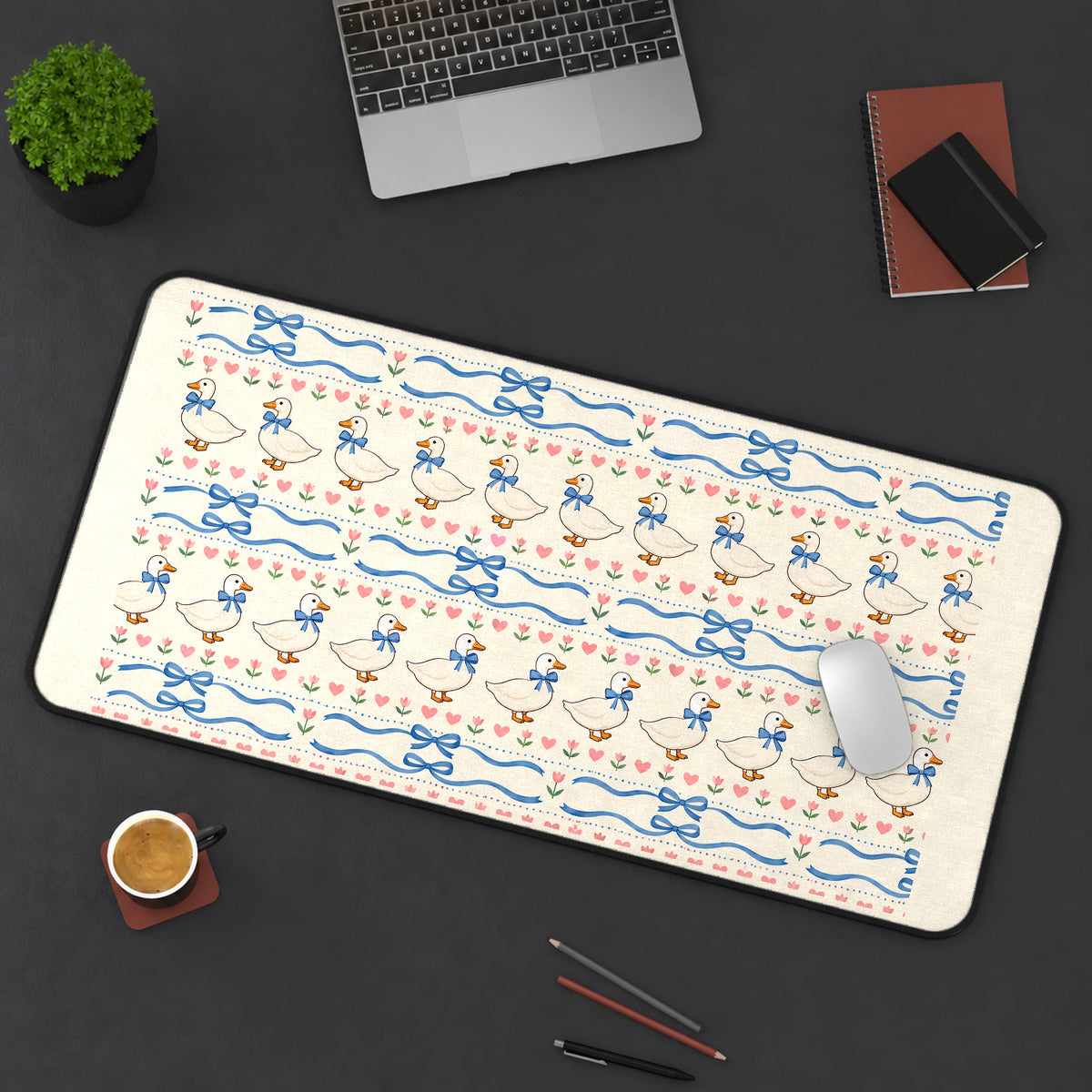 Blue Bow Goose Stripe Pattern desk mat — product mockup 3