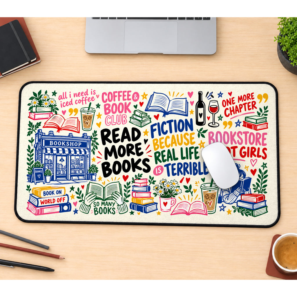 Book Lover Doodle Collage desk mat — product mockup 1