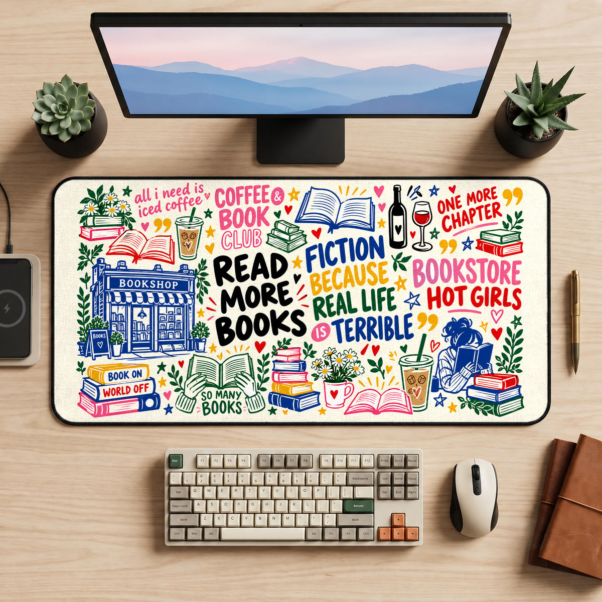 Book Lover Doodle Collage desk mat — product mockup 2