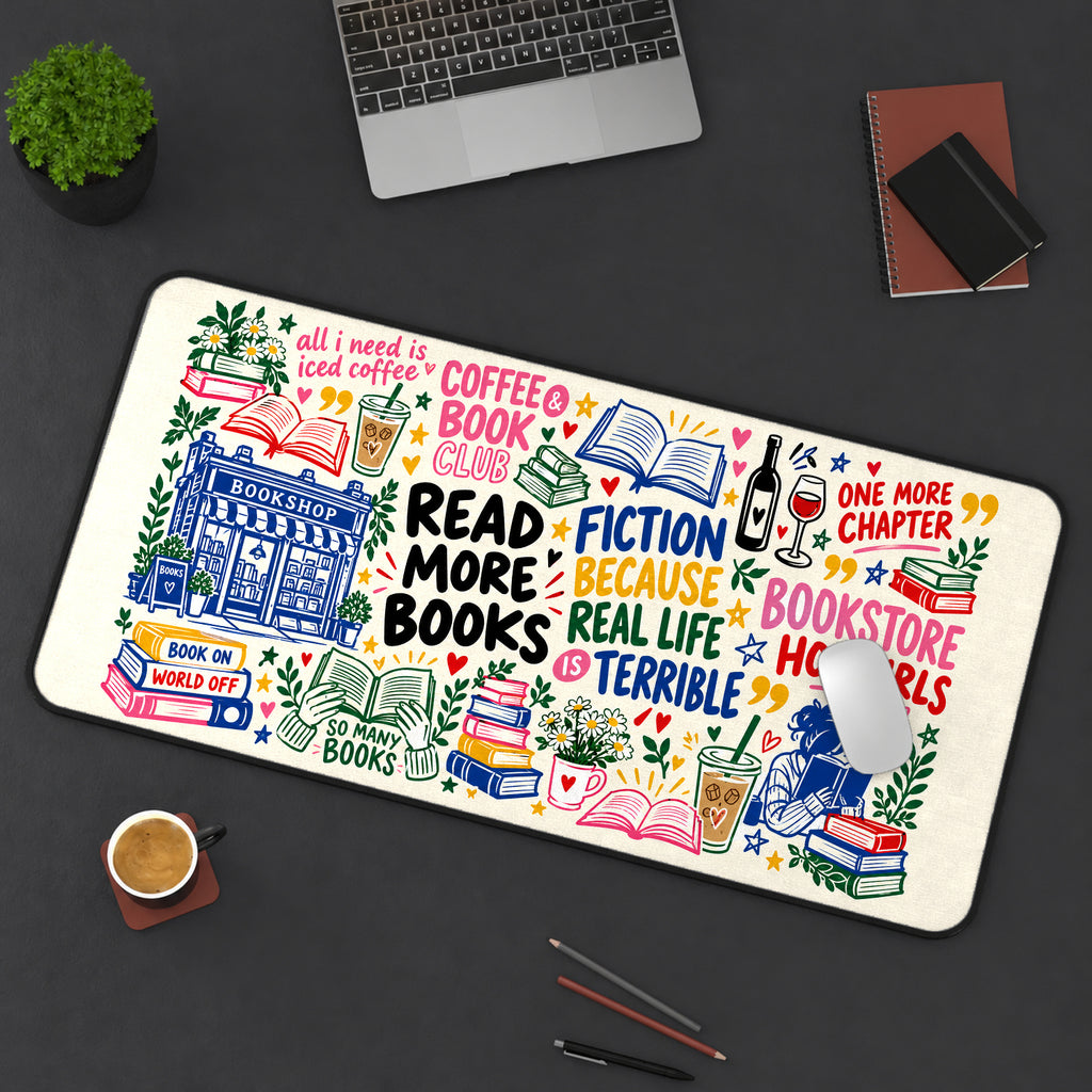 Book Lover Doodle Collage desk mat — product mockup 3