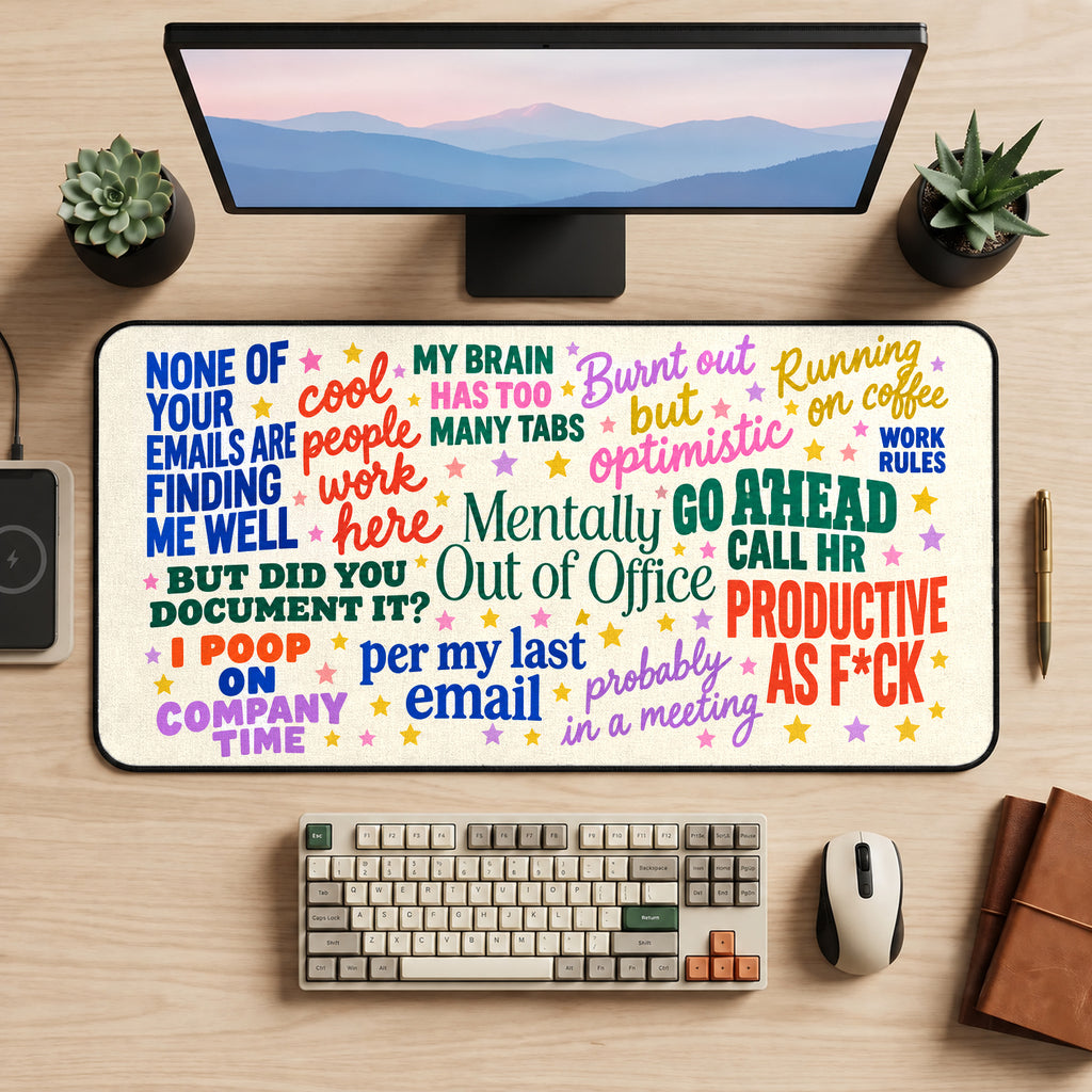 Colorful Office Sarcasm Collage desk mat — product mockup 2