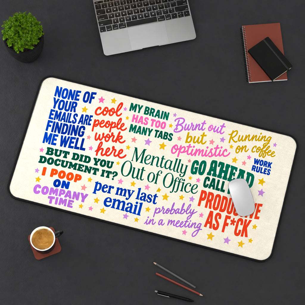 Colorful Office Sarcasm Collage desk mat — product mockup 3