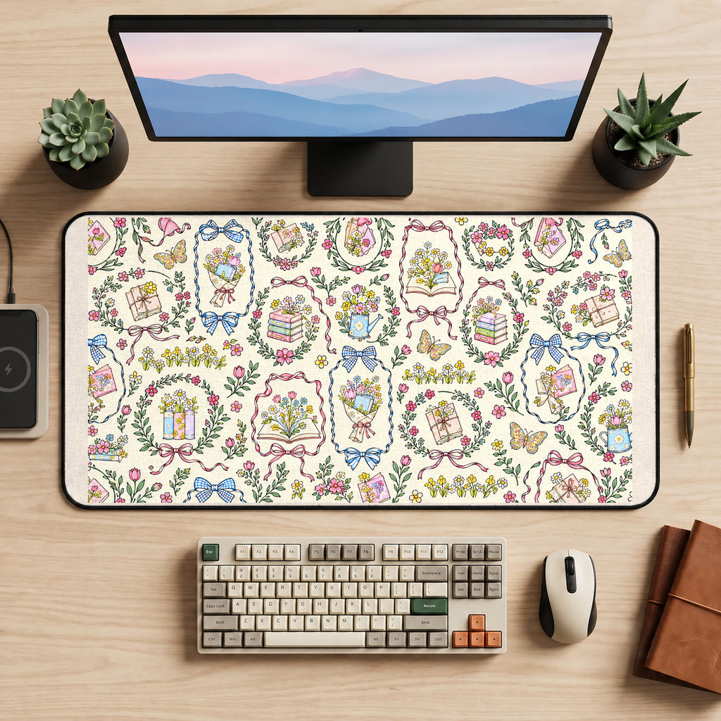 Bookish Garden Bows and Books desk mat — product mockup 2