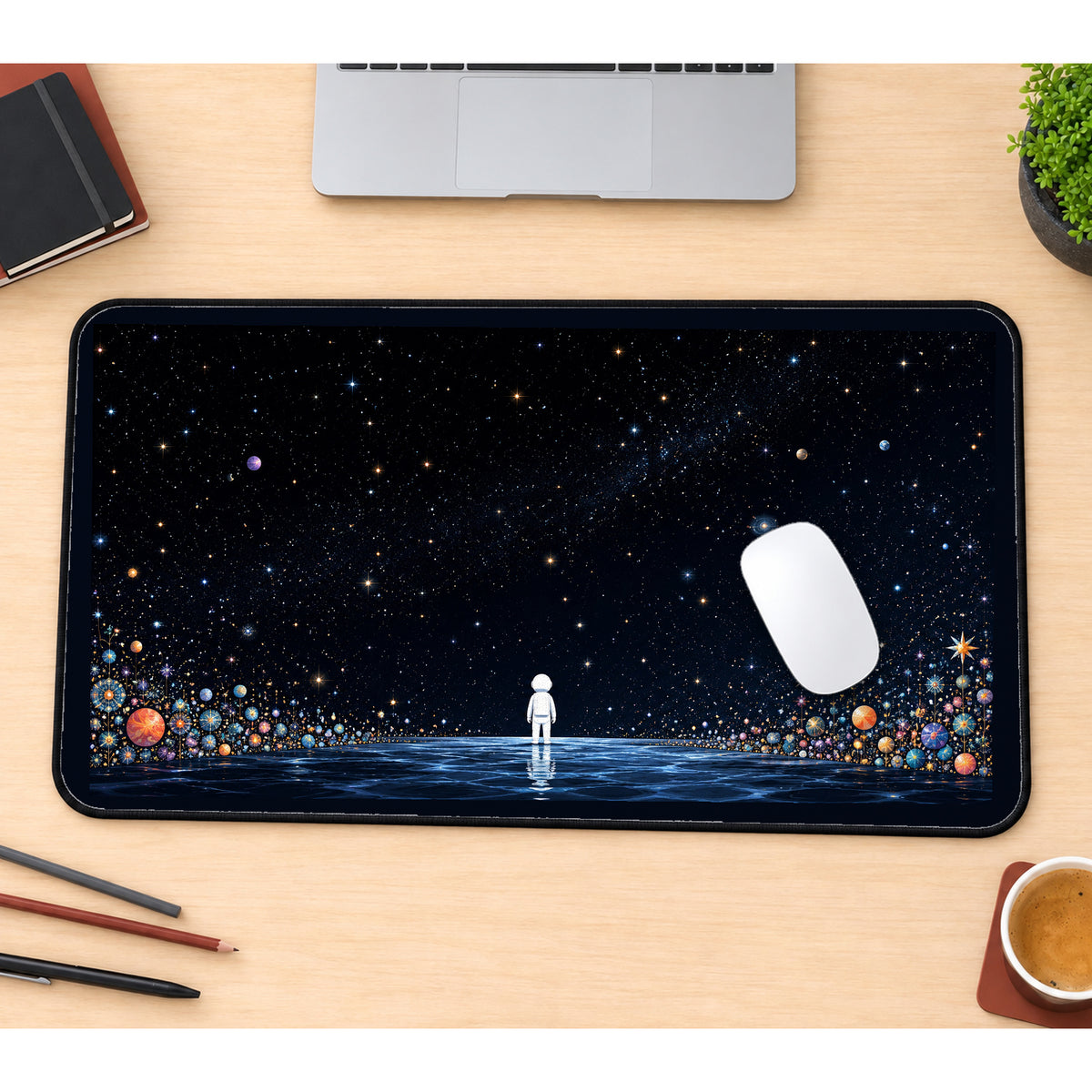 Lone Astronaut in a Starfield desk mat — product mockup 1