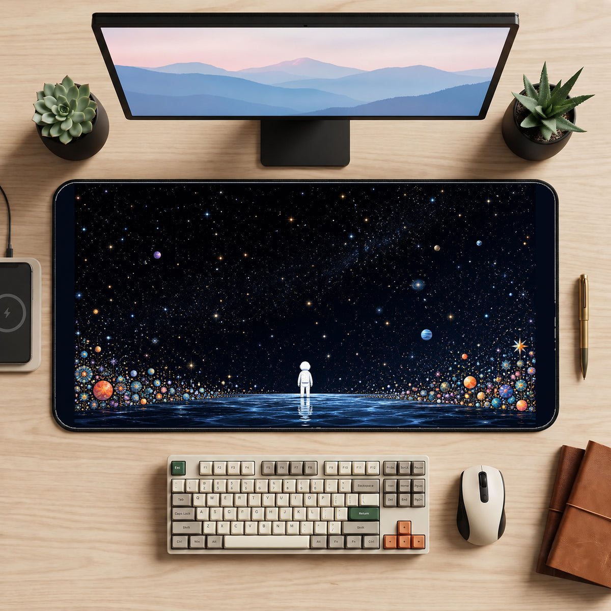 Lone Astronaut in a Starfield desk mat — product mockup 2