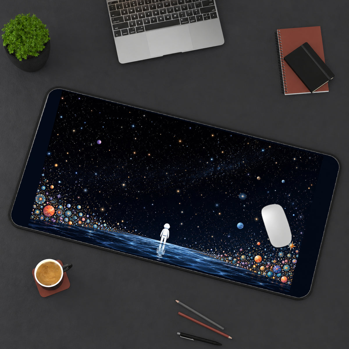 Lone Astronaut in a Starfield desk mat — product mockup 3