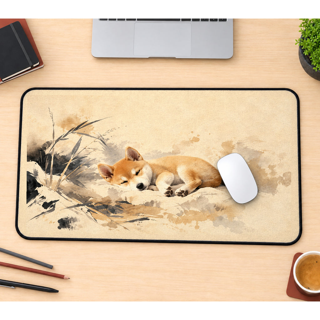 Sleeping Shiba Puppy Watercolor desk mat — product mockup 1