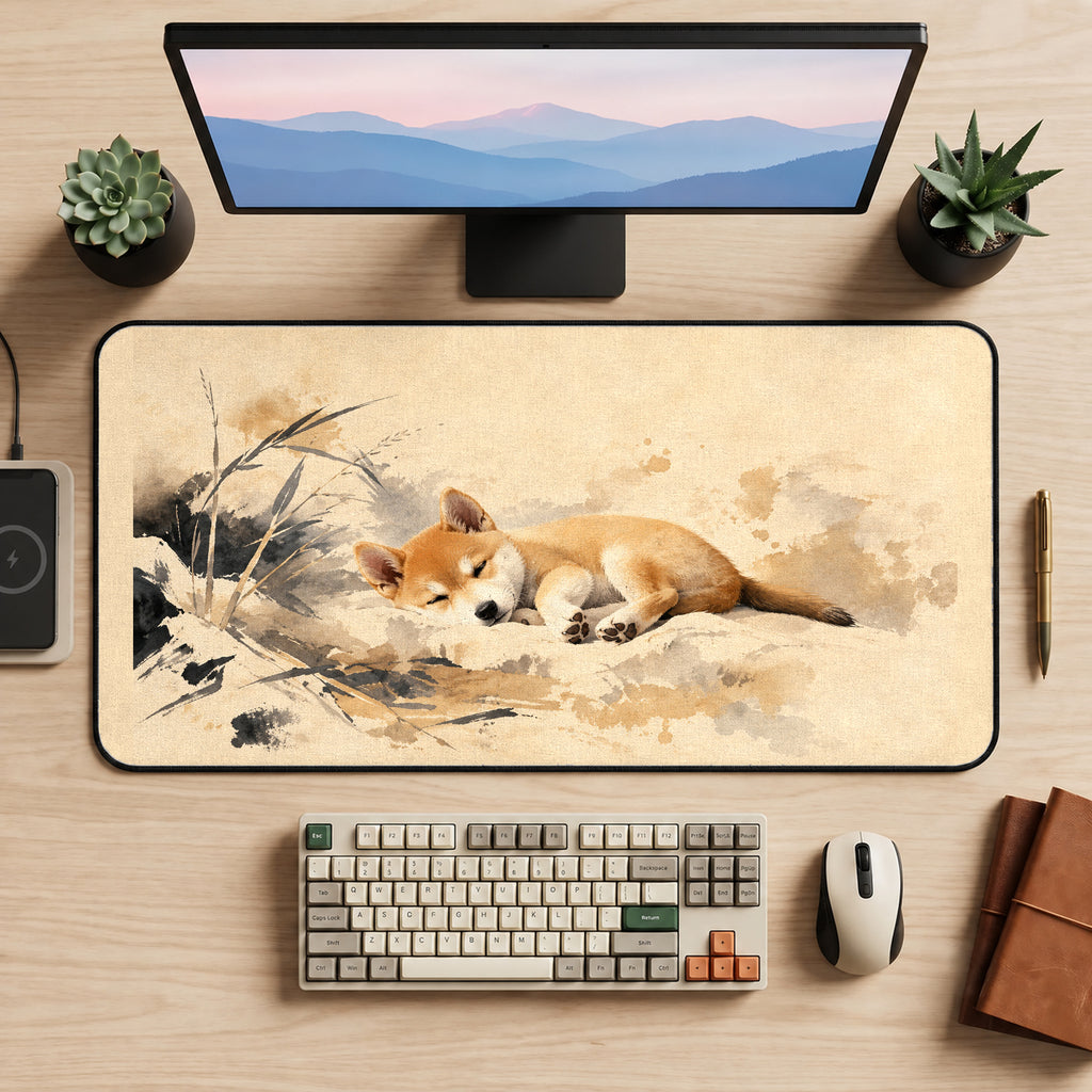 Sleeping Shiba Puppy Watercolor desk mat — product mockup 2