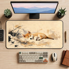 Sleeping Shiba Puppy Watercolor desk mat — product mockup 2