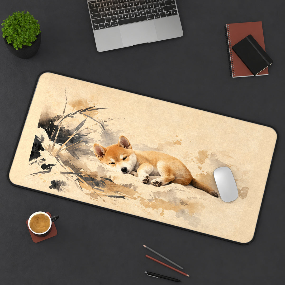 Sleeping Shiba Puppy Watercolor desk mat — product mockup 3