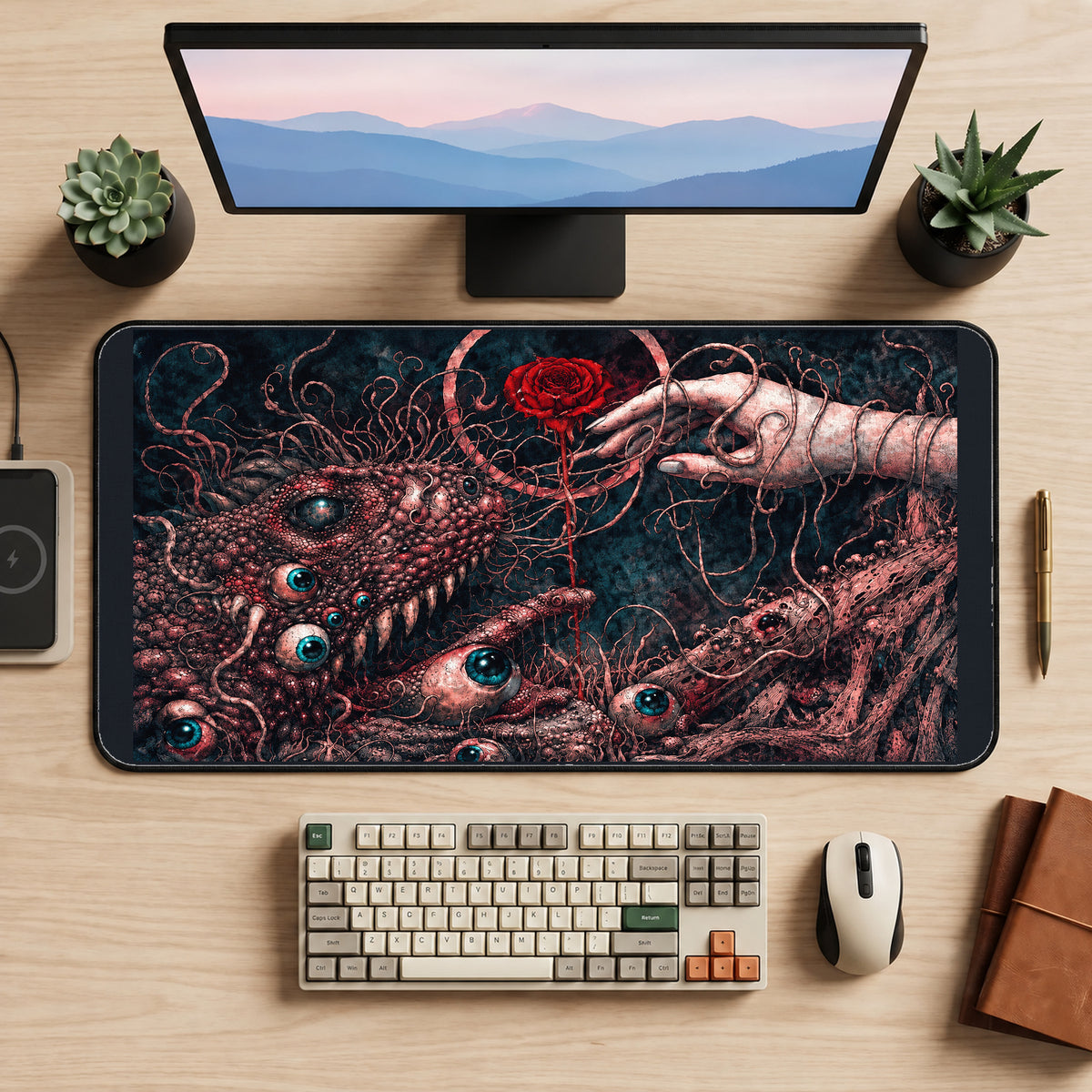 Eldritch Eyes and Red Rose desk mat — product mockup 2
