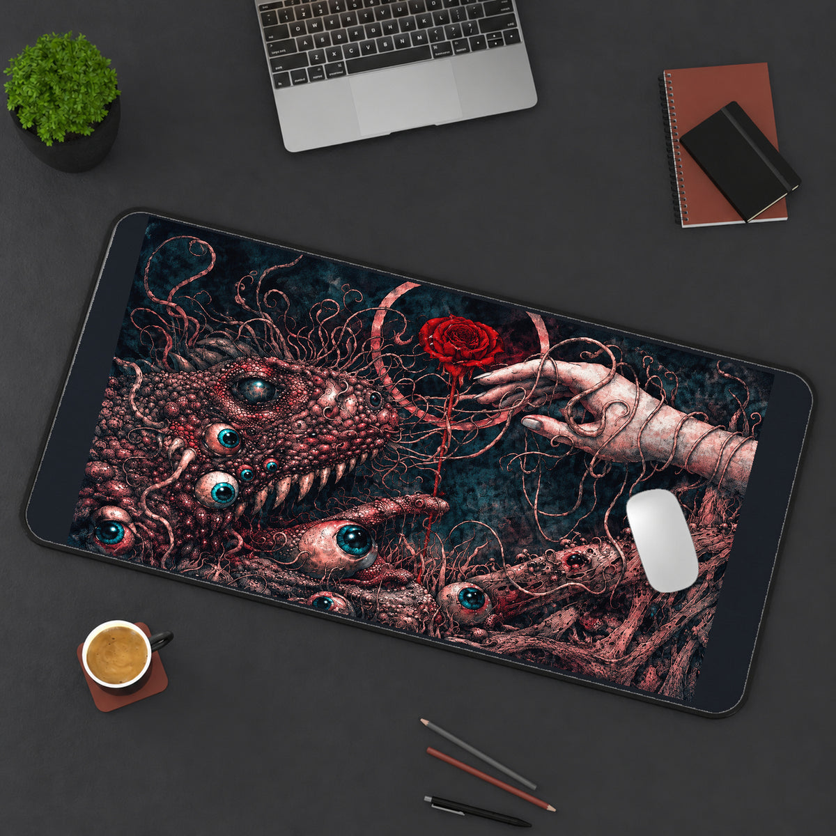 Eldritch Eyes and Red Rose desk mat — product mockup 3