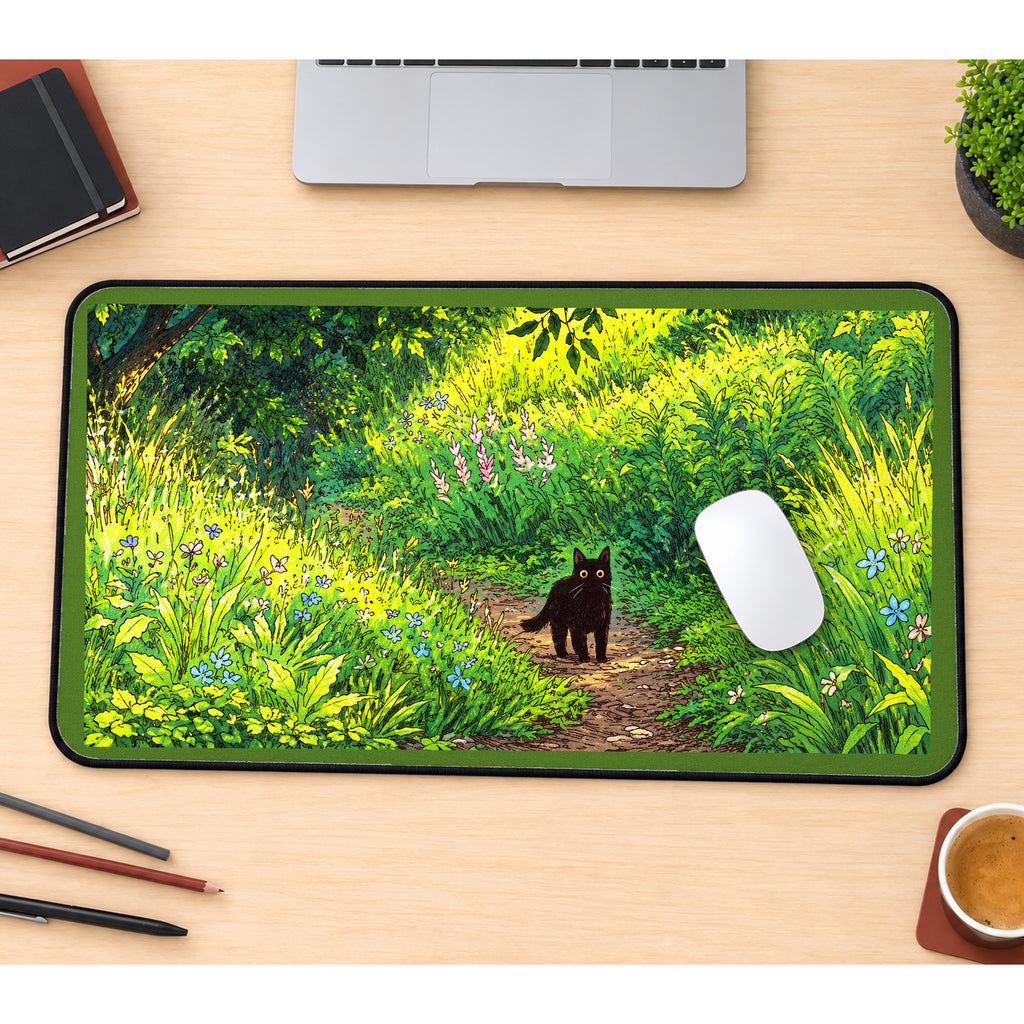 Black Cat on a Sunlit Forest Path desk mat — product mockup 1