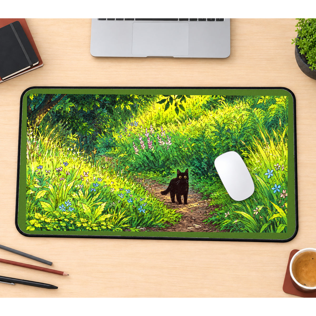 Black Cat on a Sunlit Forest Path desk mat — product mockup 1