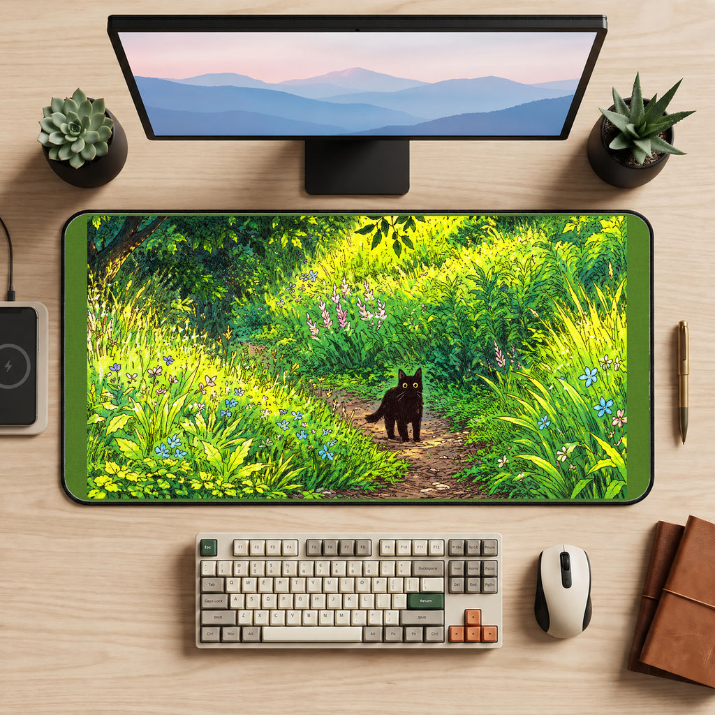 Black Cat on a Sunlit Forest Path desk mat — product mockup 2