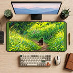 Black Cat on a Sunlit Forest Path desk mat — product mockup 2