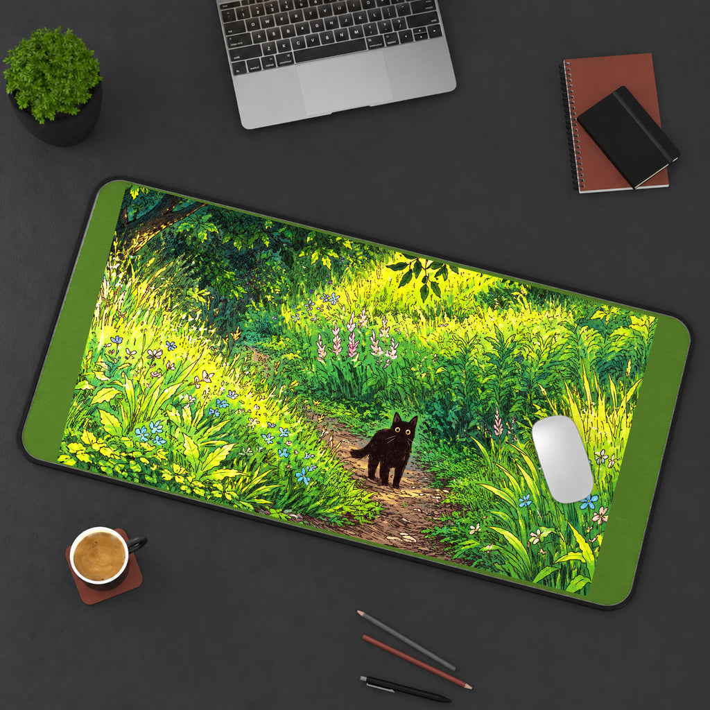 Black Cat on a Sunlit Forest Path desk mat — product mockup 3