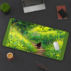 Black Cat on a Sunlit Forest Path desk mat — product mockup 3