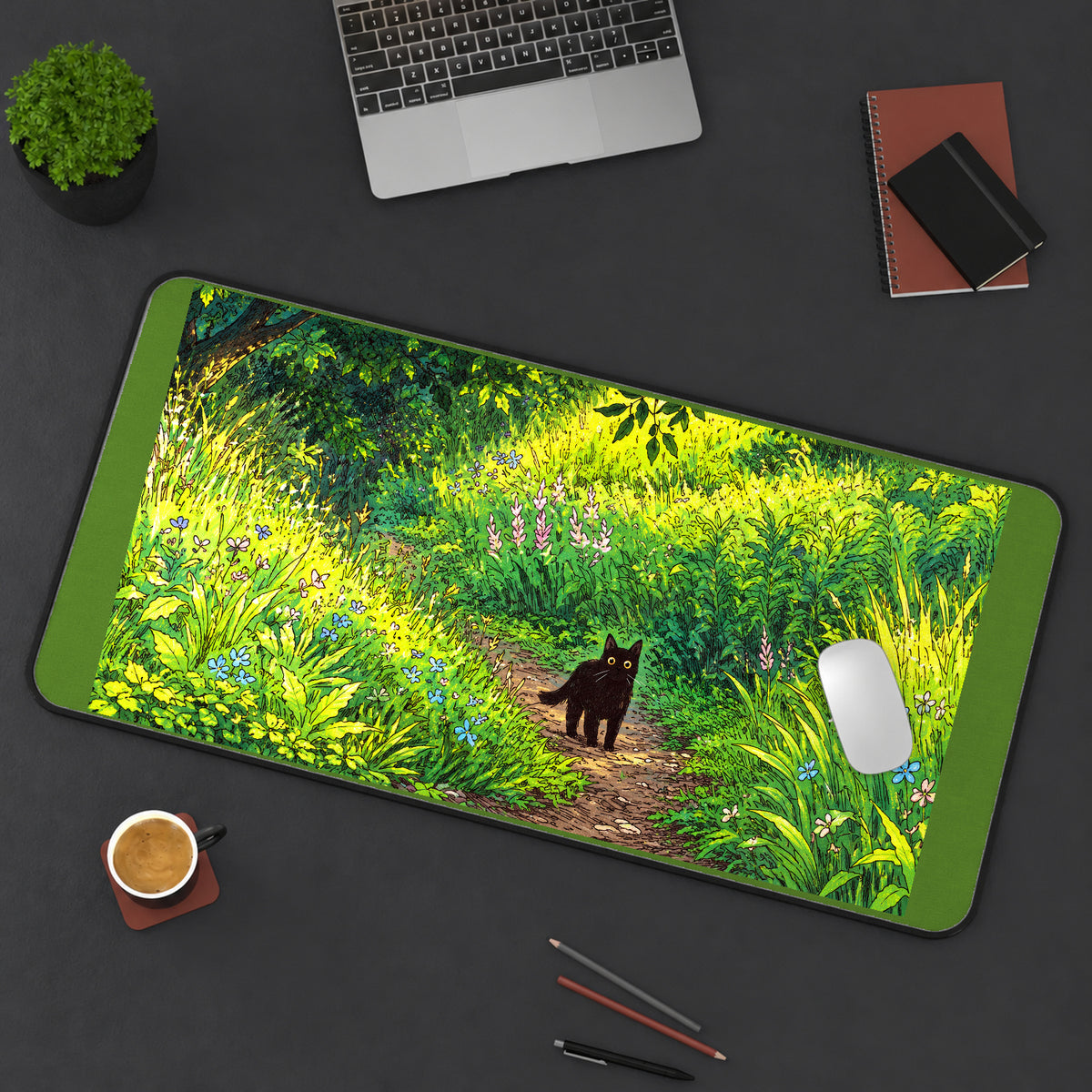 Black Cat on a Sunlit Forest Path desk mat — product mockup 3