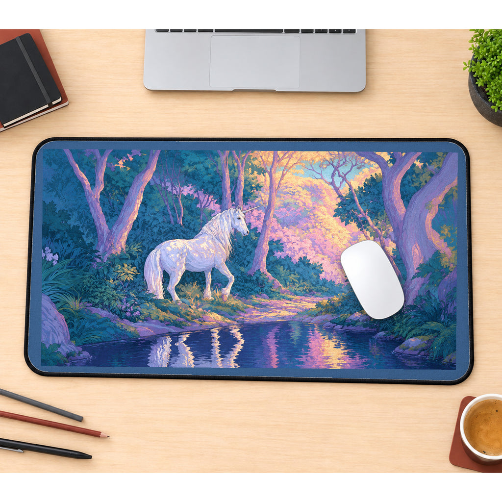 White Unicorn in Enchanted Woods desk mat — product mockup 1