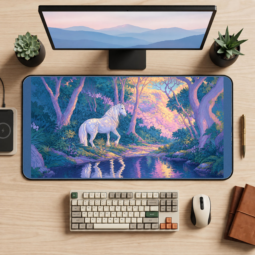 White Unicorn in Enchanted Woods desk mat — product mockup 2