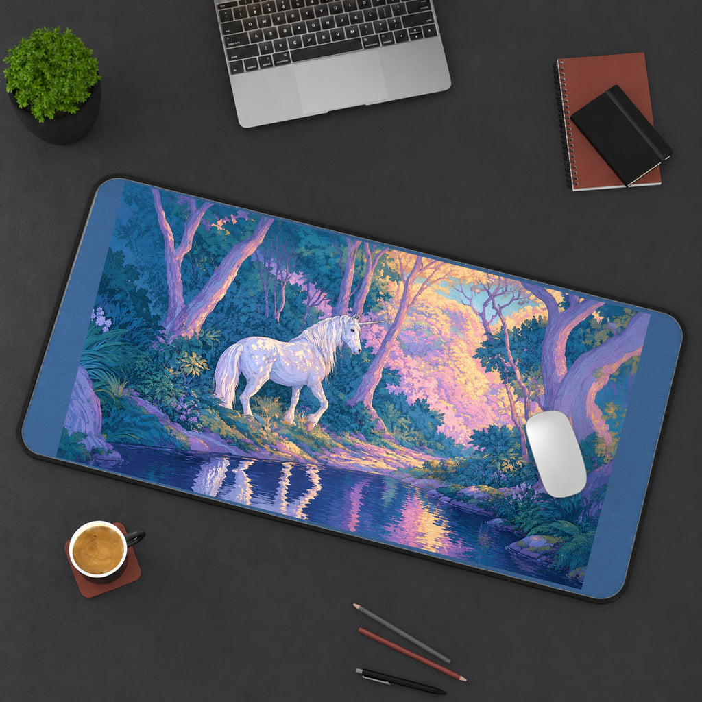 White Unicorn in Enchanted Woods desk mat — product mockup 3