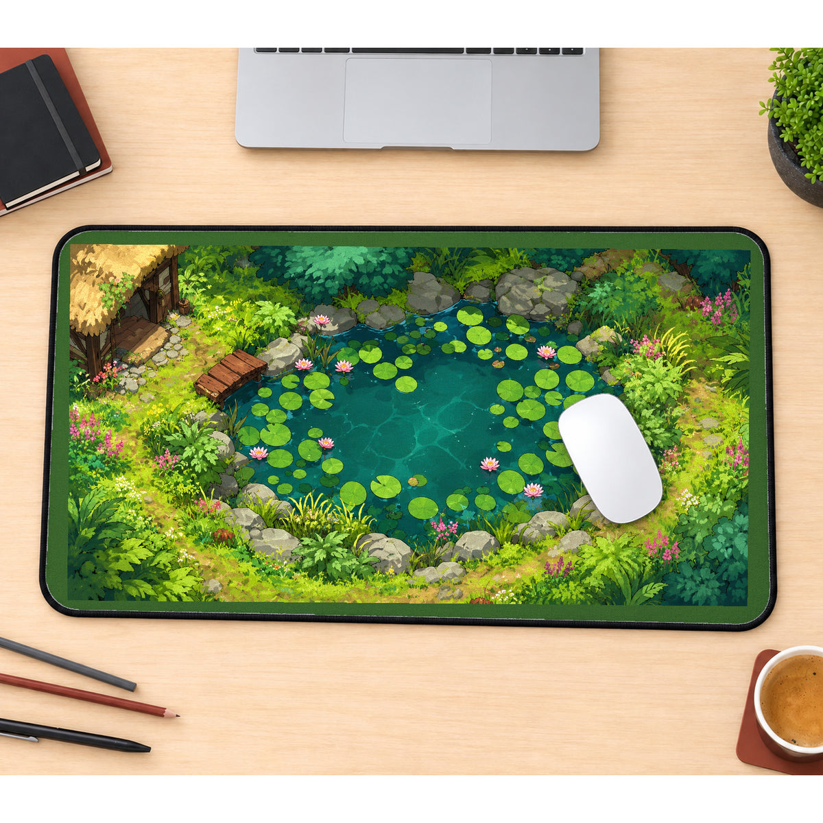 Round Woodland Lily Pond desk mat — product mockup 1