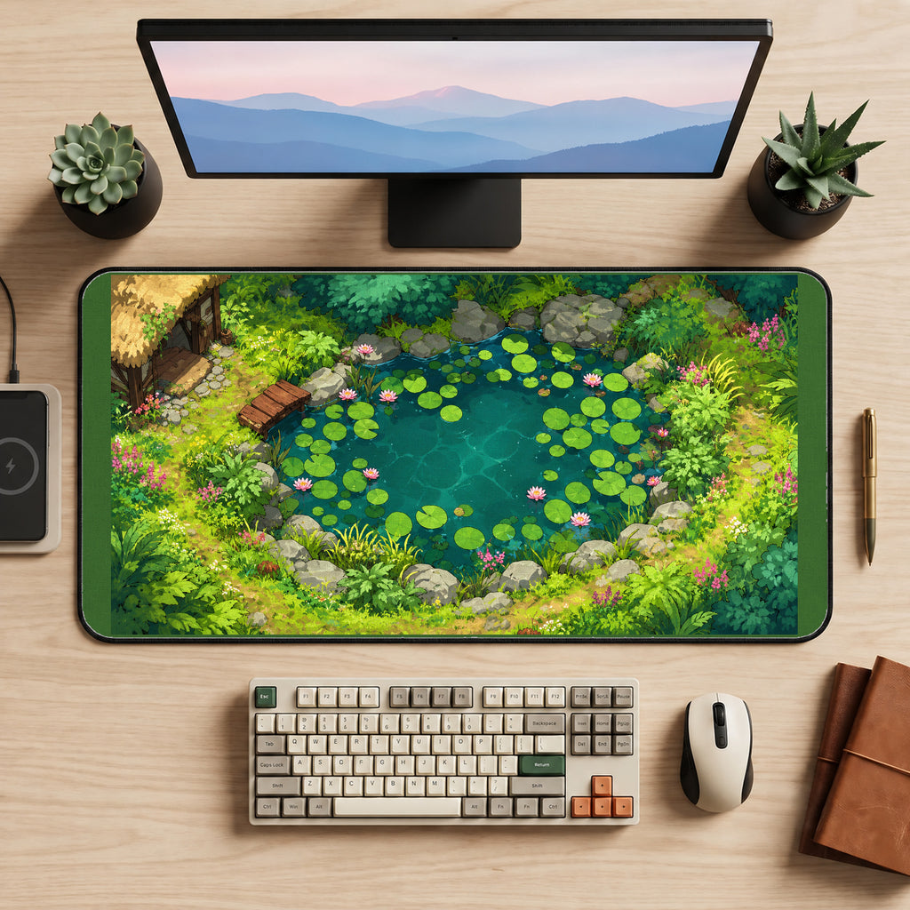 Round Woodland Lily Pond desk mat — product mockup 2