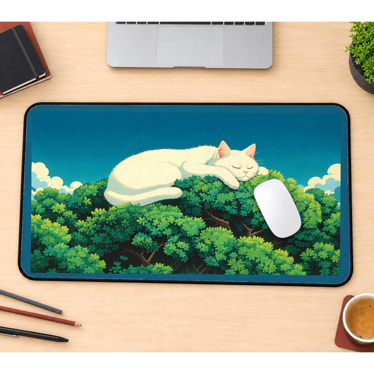 Giant Sleeping White Cat in Trees desk mat — product mockup 1