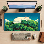 Giant Sleeping White Cat in Trees desk mat — product mockup 2