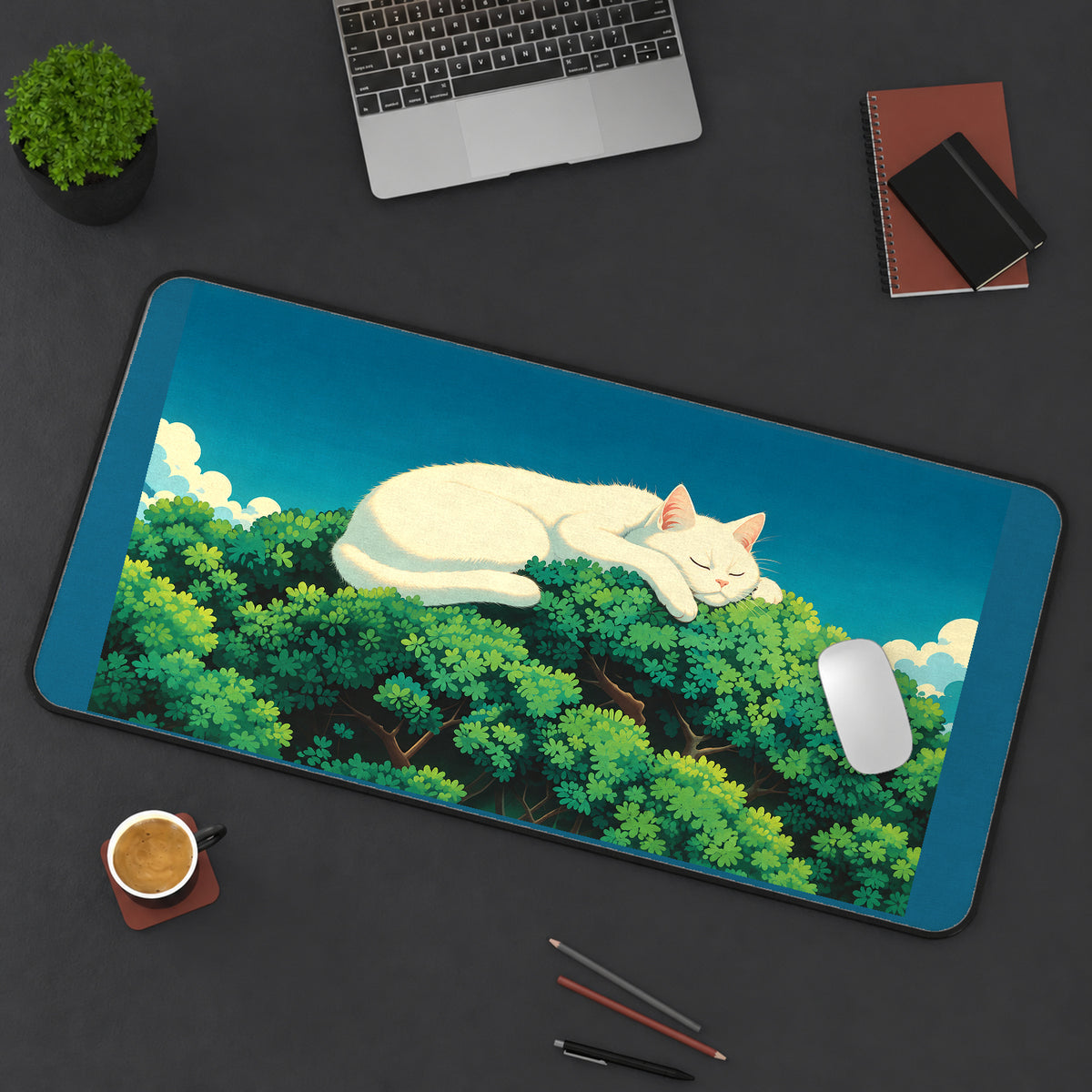 Giant Sleeping White Cat in Trees desk mat — product mockup 3
