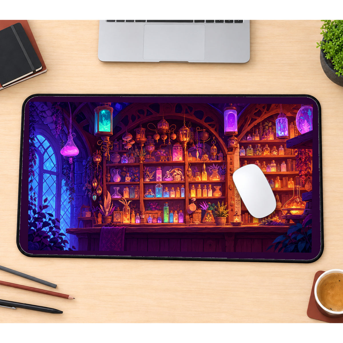 Glowing Apothecary Potion Shelves desk mat — product mockup 1