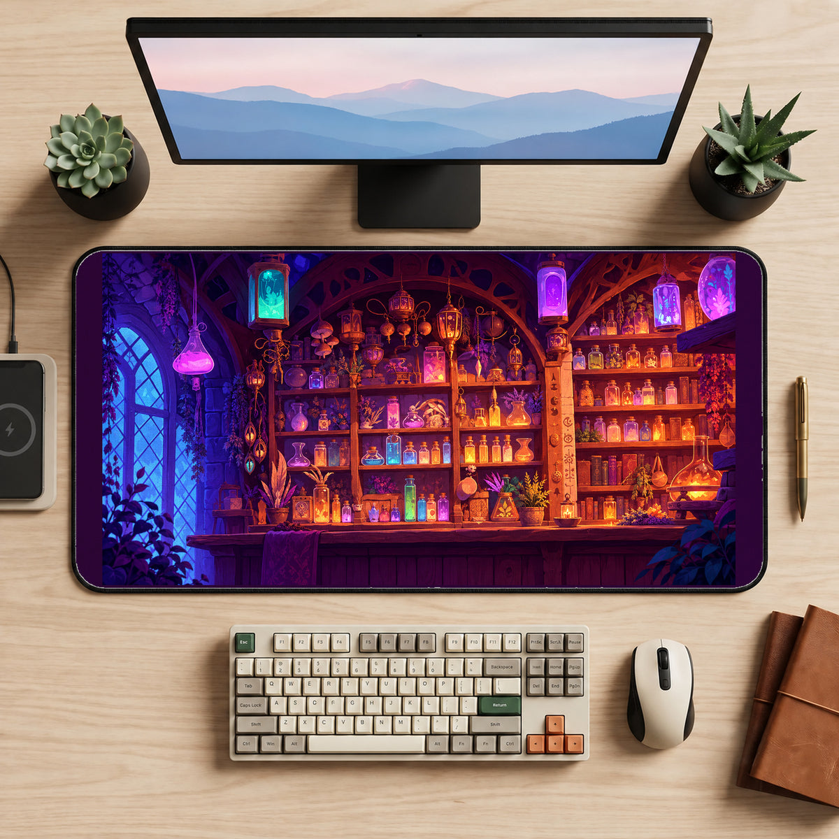 Glowing Apothecary Potion Shelves desk mat — product mockup 2
